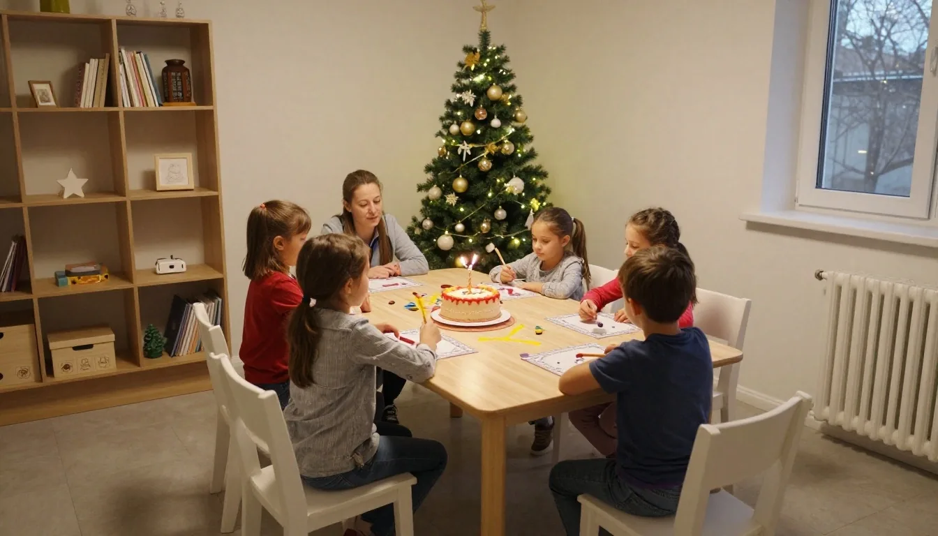 Salka urodzinowa, dzieci przy stole z opiekunami